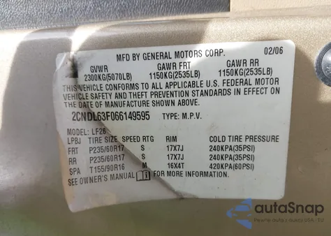 2006 Chevrolet Equinox Lt из США, поврежденный, VIN 2CNDL63F066149595